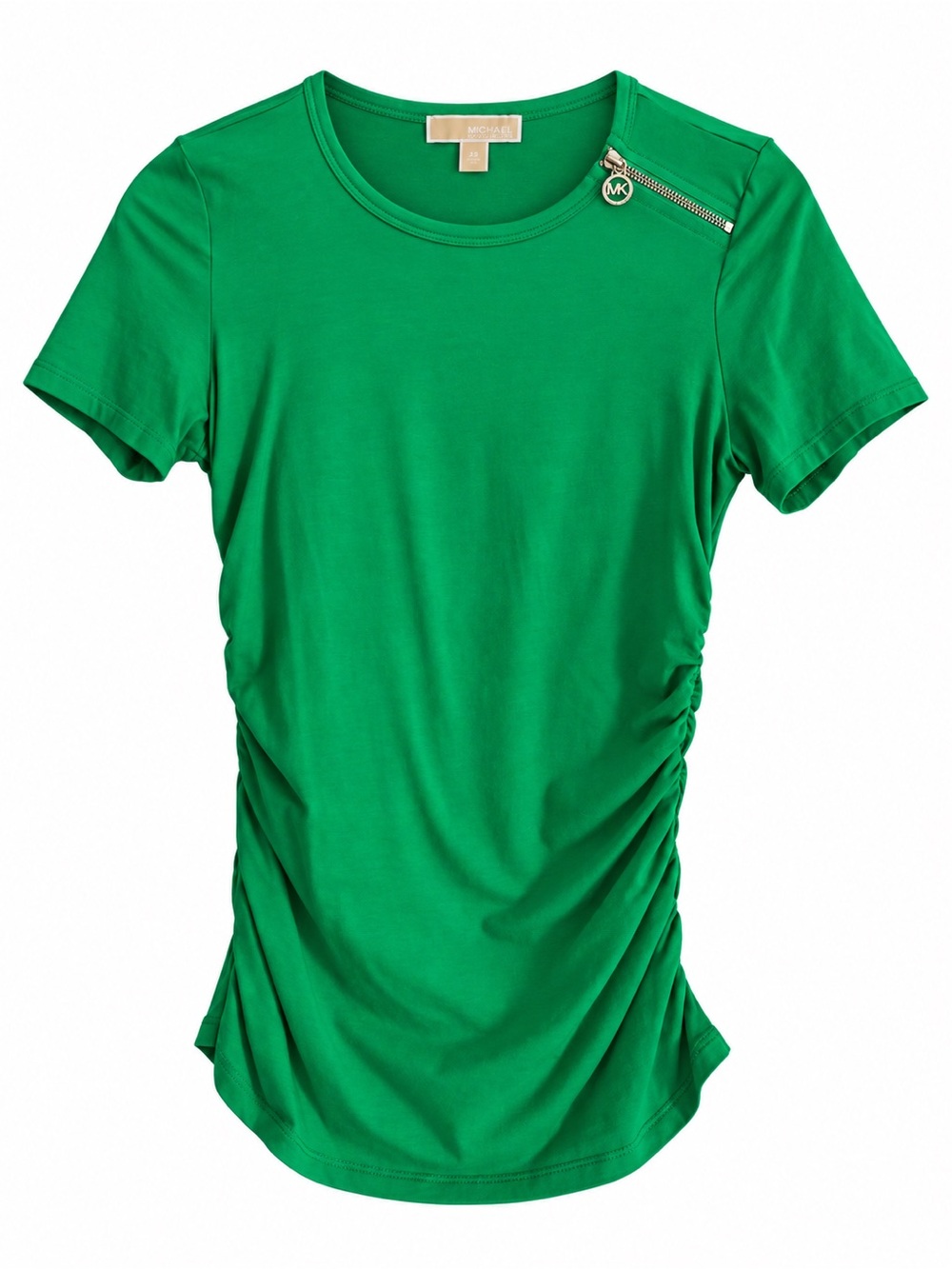MICHAEL Michael Kors Emerald Green Ruched Short Sleeve Tee with Zip Accent